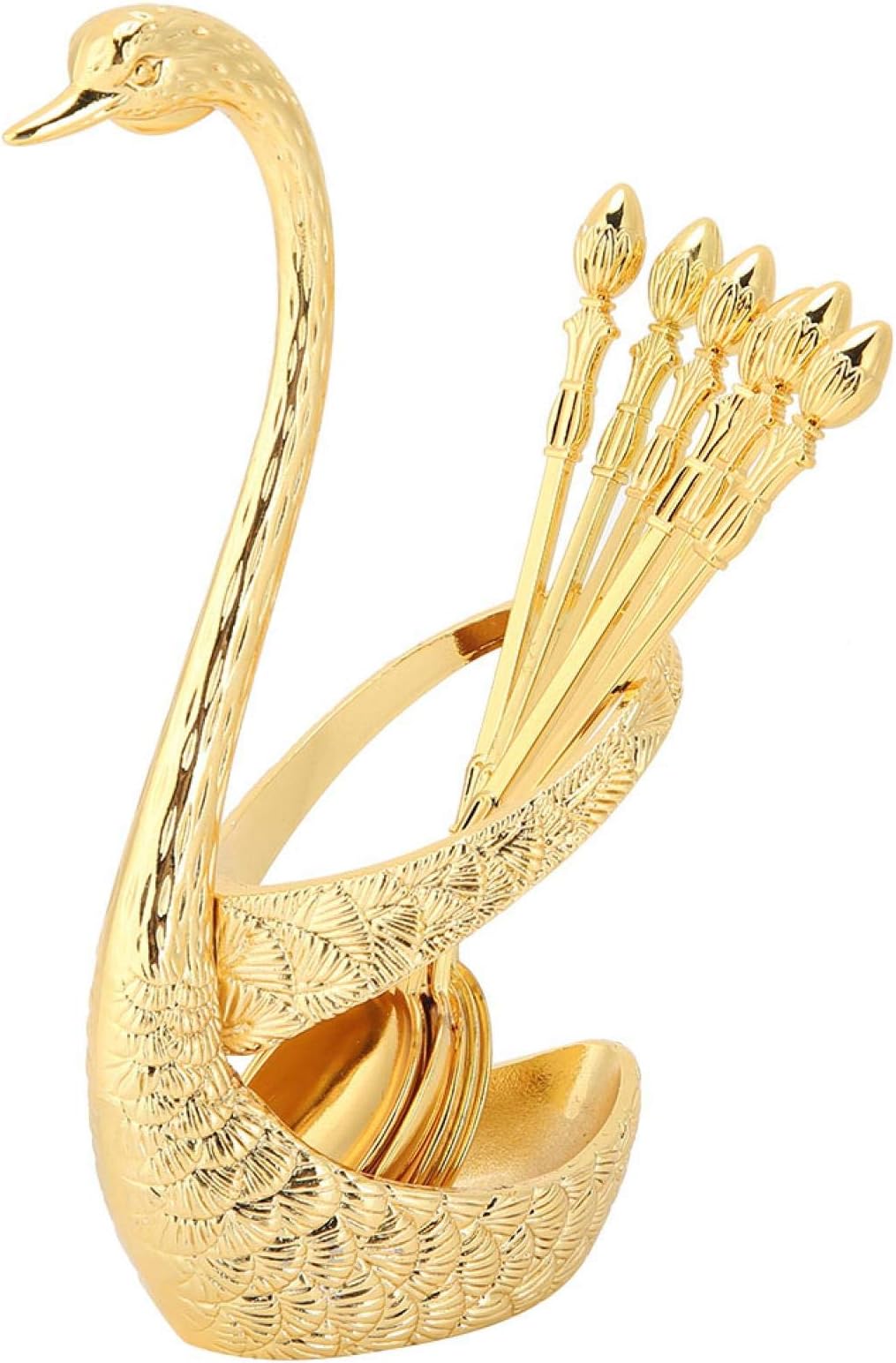 Swan Shape Dinnerware Set, Swan Shape Spoon Holder with 6 Spoons, Mirror Polishing Zinc Alloy Forks and Spoons Dinner Set Holder, Swan Holder Household Tableware Swan Base Holder (Gold)