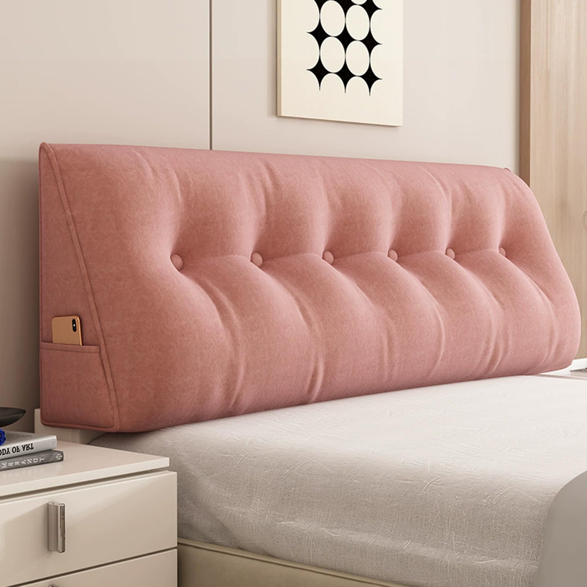 Hruile Triangular Headboard Pillow, Rest Reading Pillow for Bed Sofa, Backrest Wedge Cushion with Side Pocket, Lumbar Support Cushion, Backrest Positioning Bolster (80x50x20cm,Pink)
