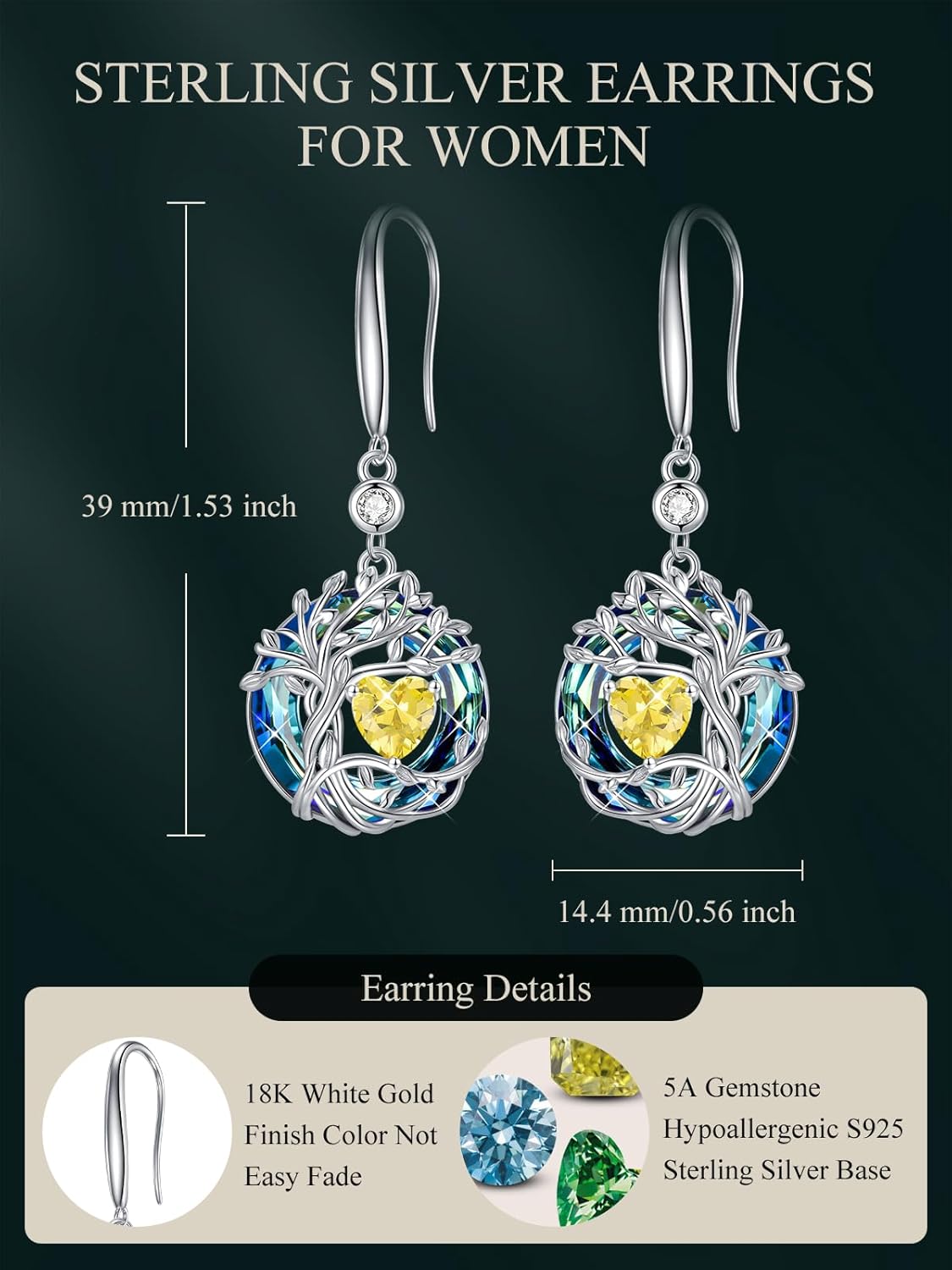 TOUPOP Tree of Life Birthstone Earrings for Women 925 Sterling Silver Family Tree Dangle Earrings with Austrian Crystal Jewelry Birthday Valentines Day Gifts for Her Girlfriend Wife Mom - Image 5