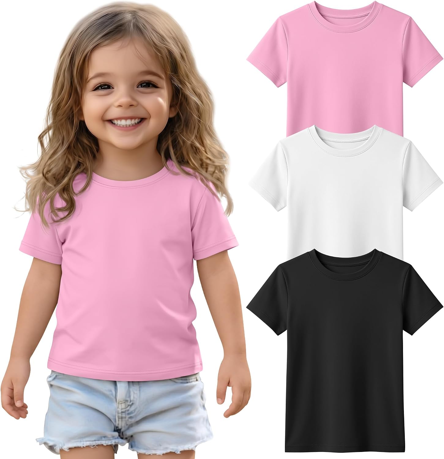 3 Pack Toddler Girls' Short Sleeve T Shirts Crew Neck Slim Fit Summer Tees Kids Basic Cute Casual Tops 18M-5T