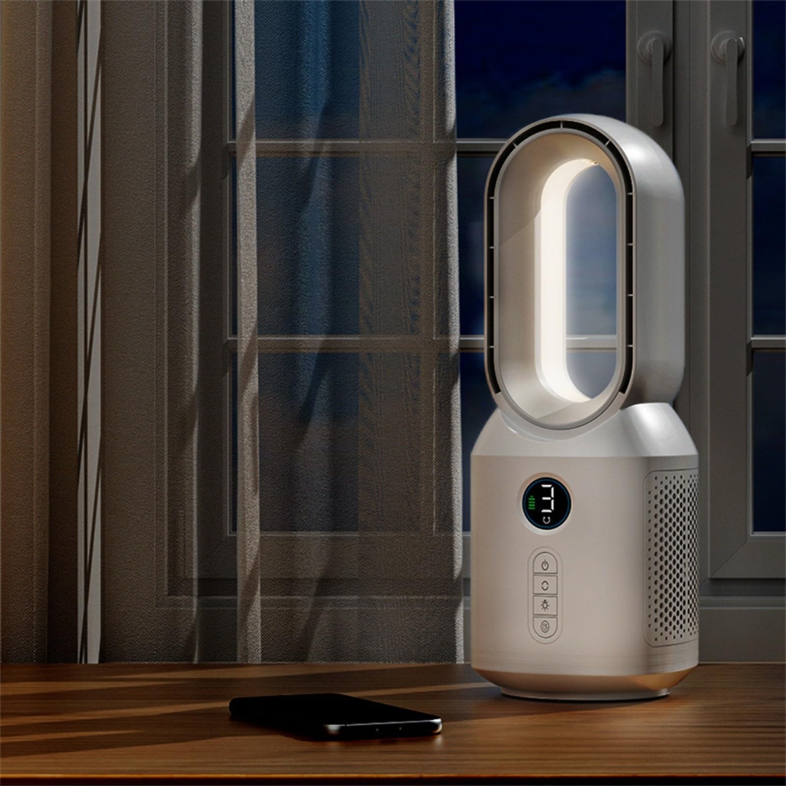 Ventilatore da scrivania senza pale, silenzioso ventilatore portatile da tavolo con oscillazione di 106°, display a LED e luce notturna, unità di raffreddamento per camera da letto e