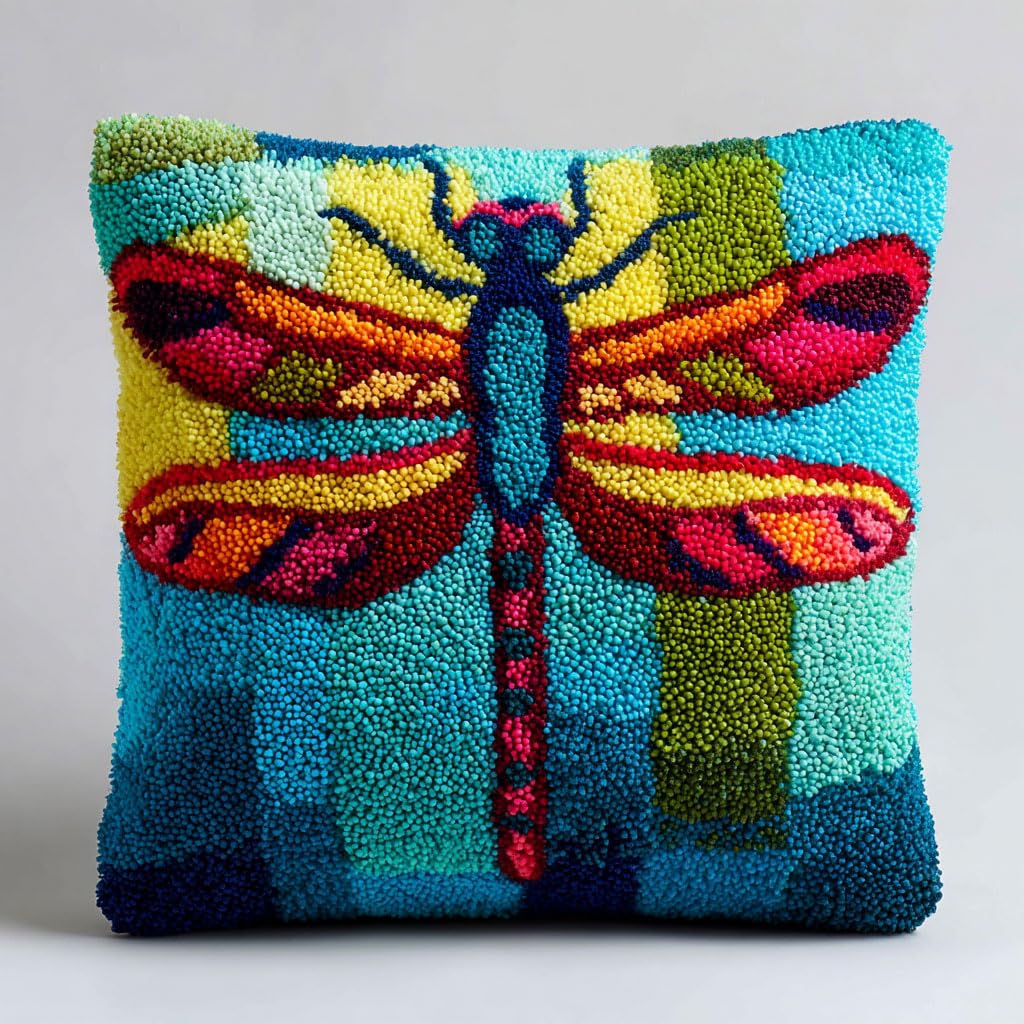 Henypt Latch Hook Kits Cartoon Dragonfly Pillow DIY Crochet Hook Rug Cushion Making Kit with Preprinted Pattern Canvas Easy Starter Adorment Hooking Kits 43x43cm