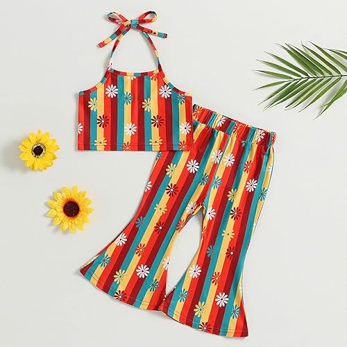 Miniatura 7 de TheFound Traje de verano para bebé niña pequeña, parte superior con cuello halter, pantalones acampanados, 2 piezas, ropa para recién nacidos