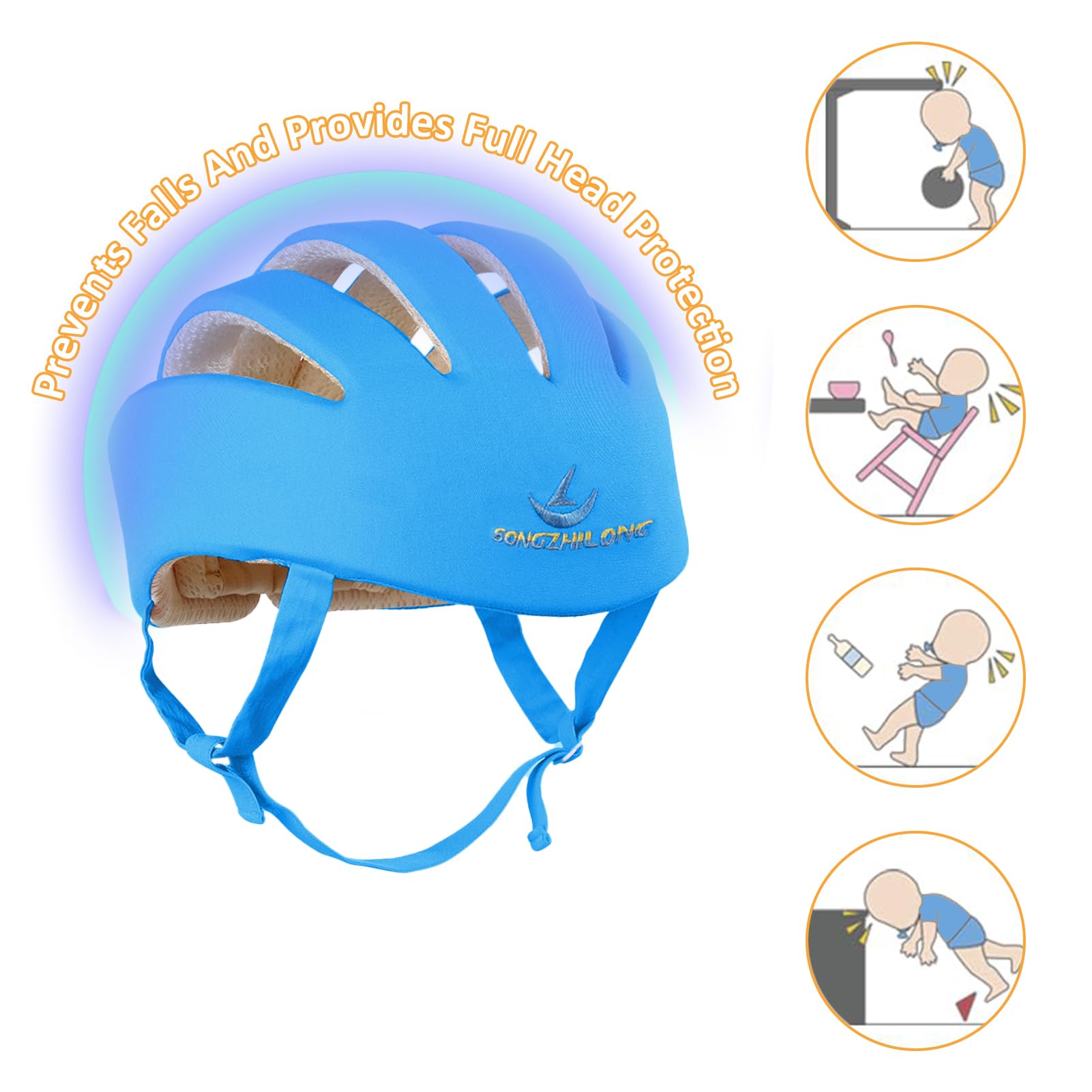 IULONEE Casco Bambino Neonati Cappello di Testa Cotone Regolabile Sicurezza Blu