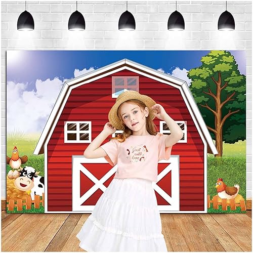 Miniatura 9 de Fondo de fotografía de granja de animales de dibujos animados de 7 x 5 pies, fondo de fotos de granja rústico rojo para baby shower, recién nacidos,