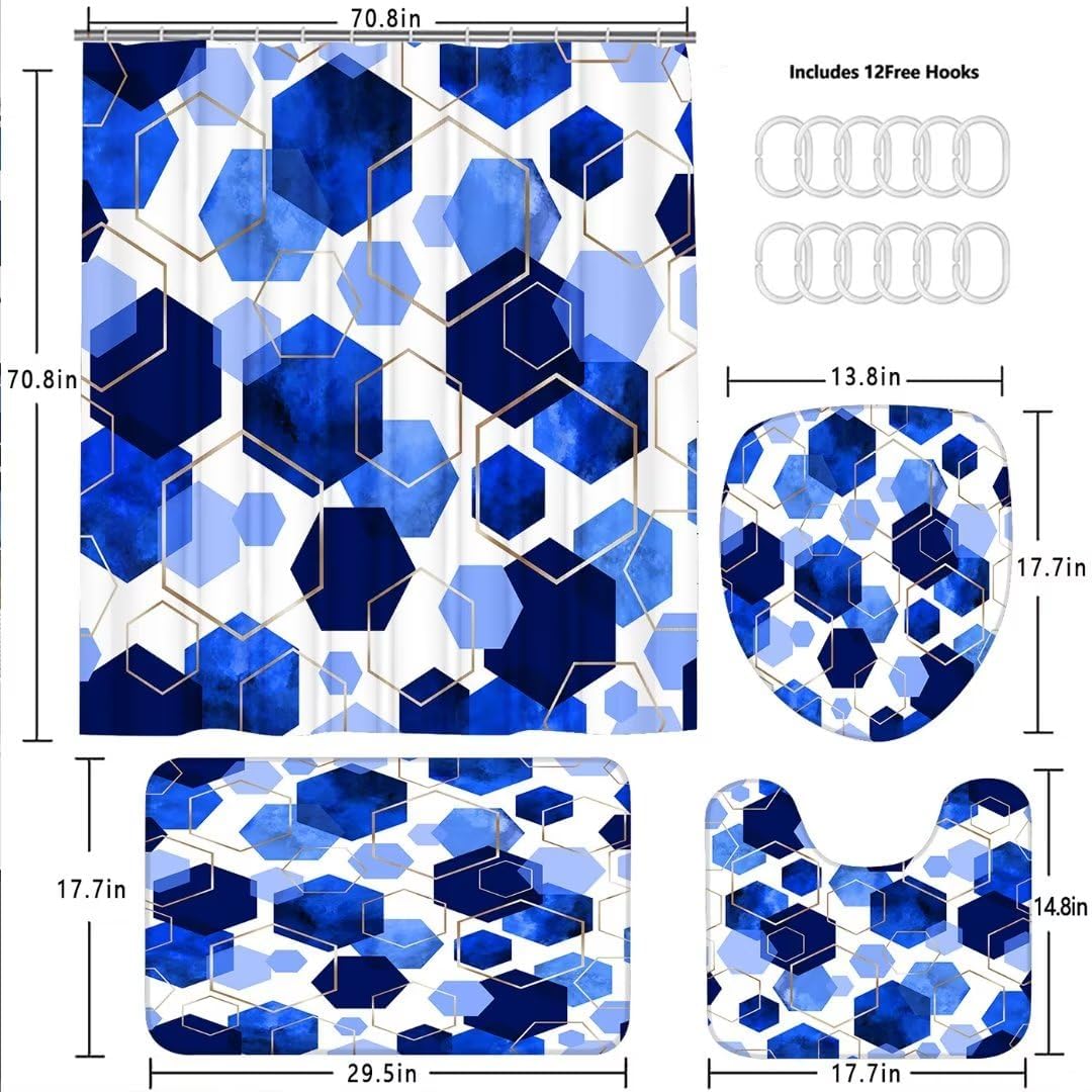 LQCOOL Blue Bathroom Curtain Set, 4Pcs Modern Art Geometric Shower Curtain with 12 Hooks, Waterproof, Blackout, 70.8' L x 70.8' W