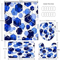 Vista 4 de Juego de cortinas de baño azules, 4 piezas de cortina de ducha geométrica de arte moderno con 12 ganchos, impermeable, opaca, 70.8 pies de largo x