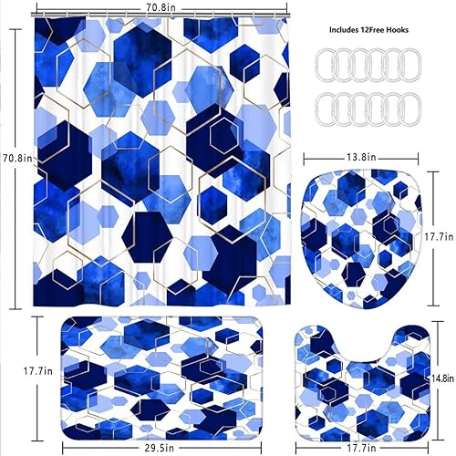 Miniatura 4 de Juego de cortinas de baño azules, 4 piezas de cortina de ducha geométrica de arte moderno con 12 ganchos, impermeable, opaca, 70.8 pies de largo x