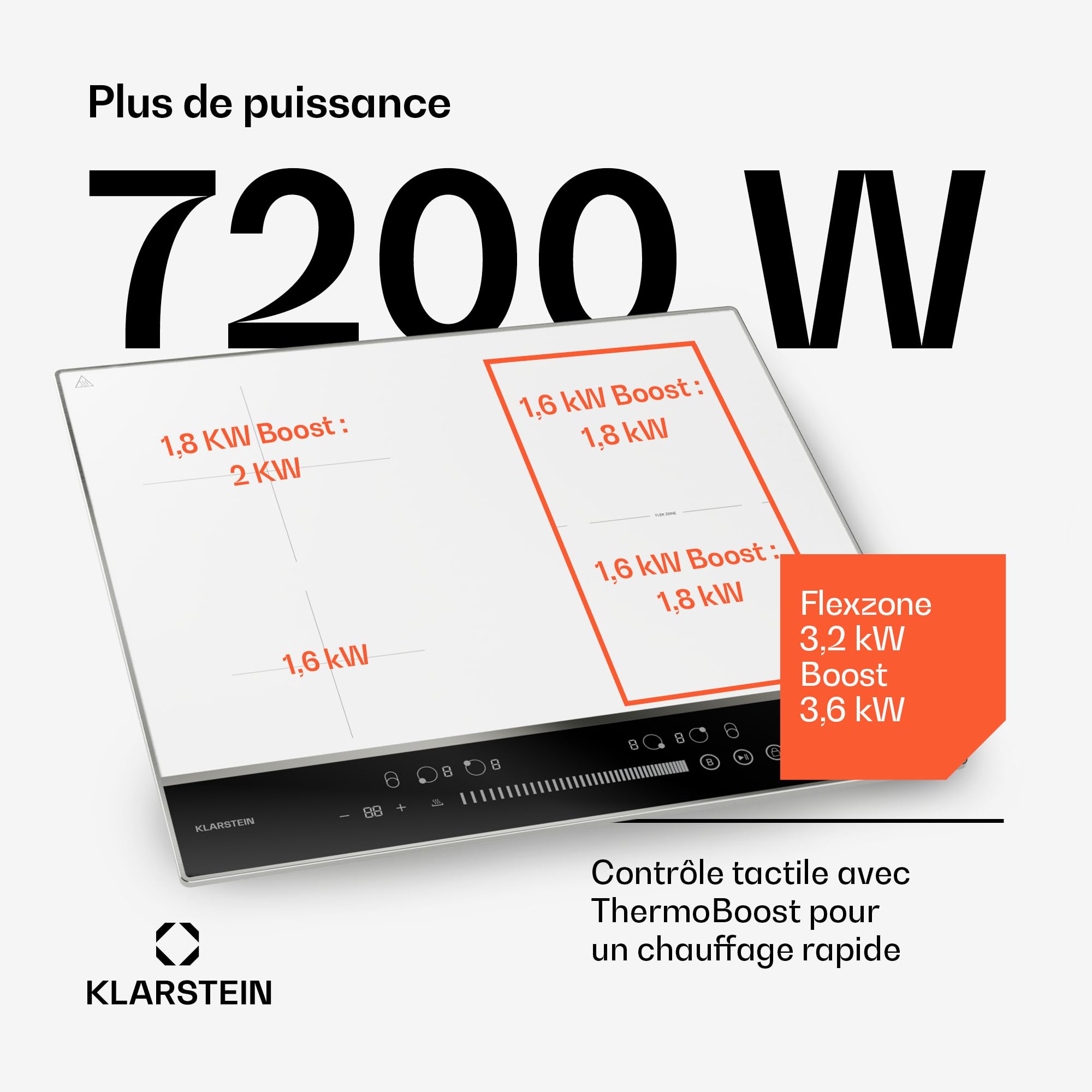 Klarstein DualTone Hybrid Plaque Cuisson à Induction - 4 Zones, 7200 W, Flex Zone, Commande par Curseur, Fonction Booster & Minuterie, Cadre Aluminium, Blanc, 60 cm