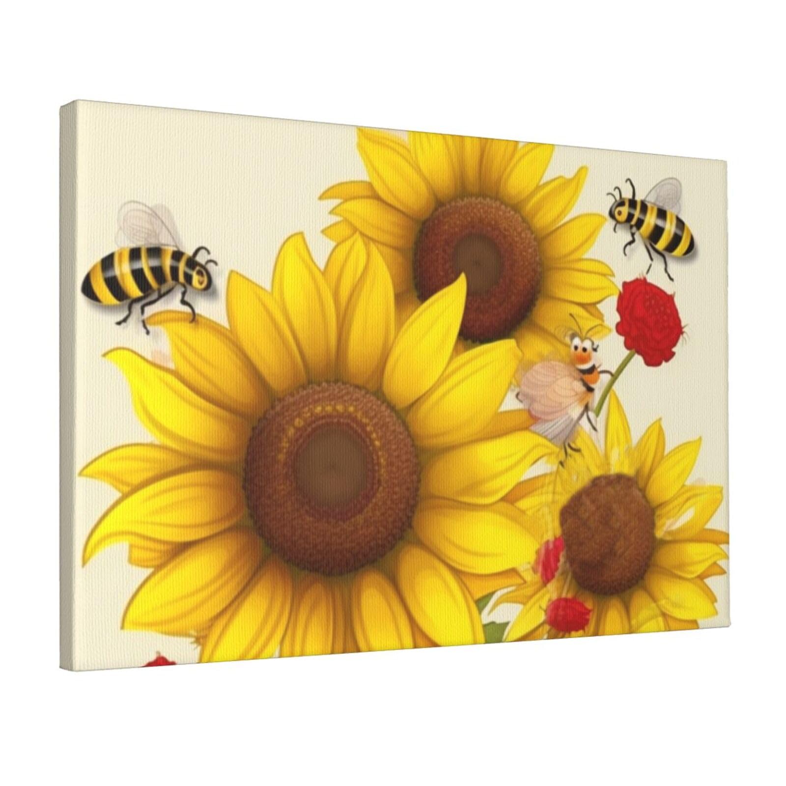KLOPH Bees Sunflowers Daisy Rose Flowers Canvas Wall Art for Living Room 12"x18" Modern Artwork Painting for Bathroom Hanging Canvas Prints Aesthetic Wallart for Bedroom Kitchen Office Wall Decor