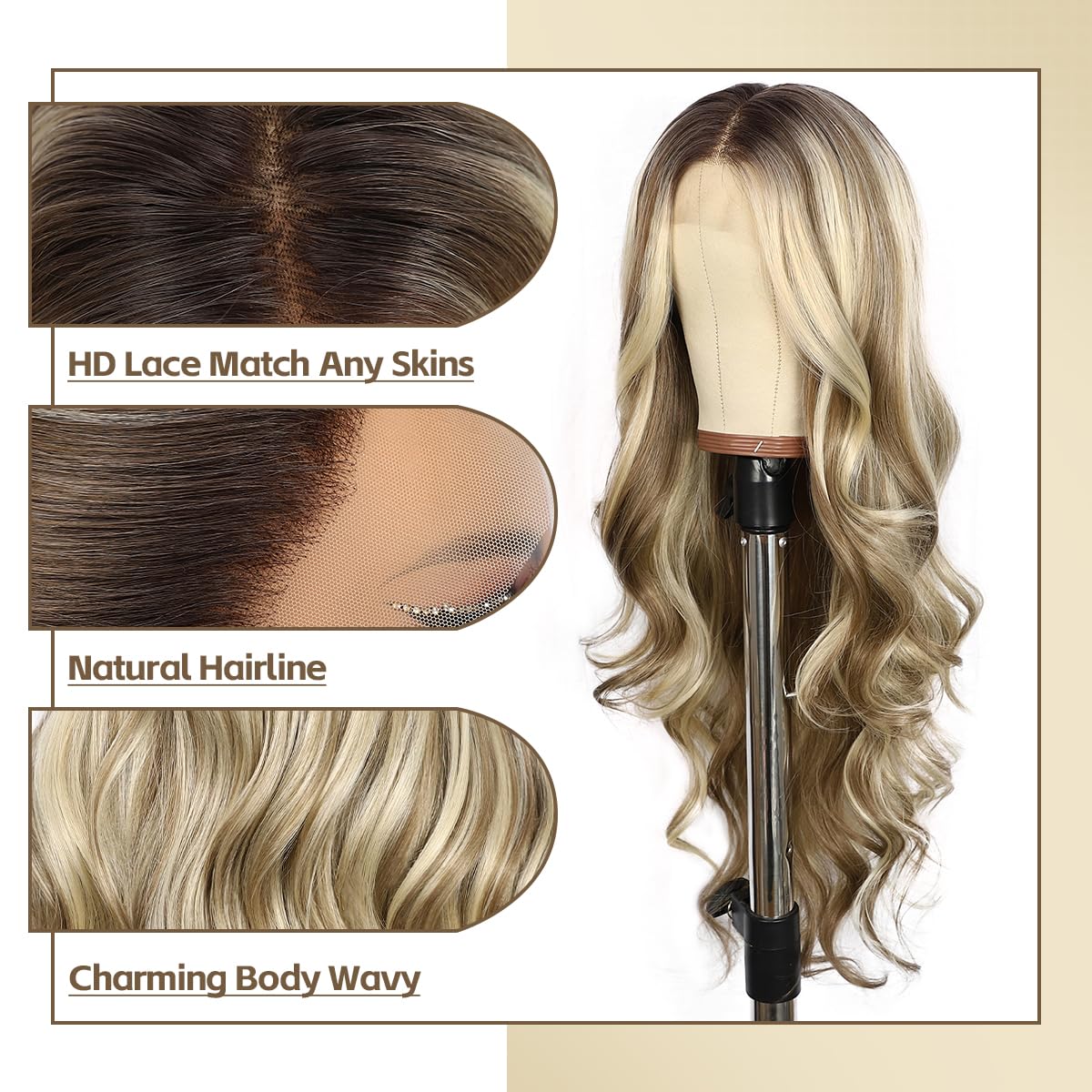 Blonde mix Brown Lace Front Wig for Women 13x4 Body Wave Synthetic Wigs Highlight Pre-plucked Long Wavy Wig 150% Density Heat Resistant Hair Replacement Wigs 26inch