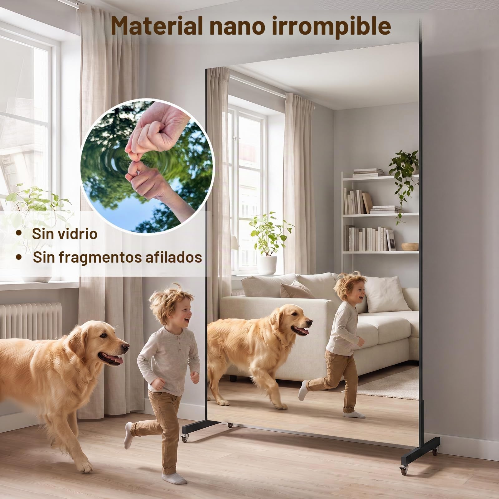 brisafe Espejo de Cuerpo Entero, 170 x 100 cm, Grande Espejo de Pie con Ruedas, Espejos Irrompible con Marco de Aluminio Blanco, Giratorio 360° para Gimnasio en Casa, Dormitorio, Entrada y Pasillo