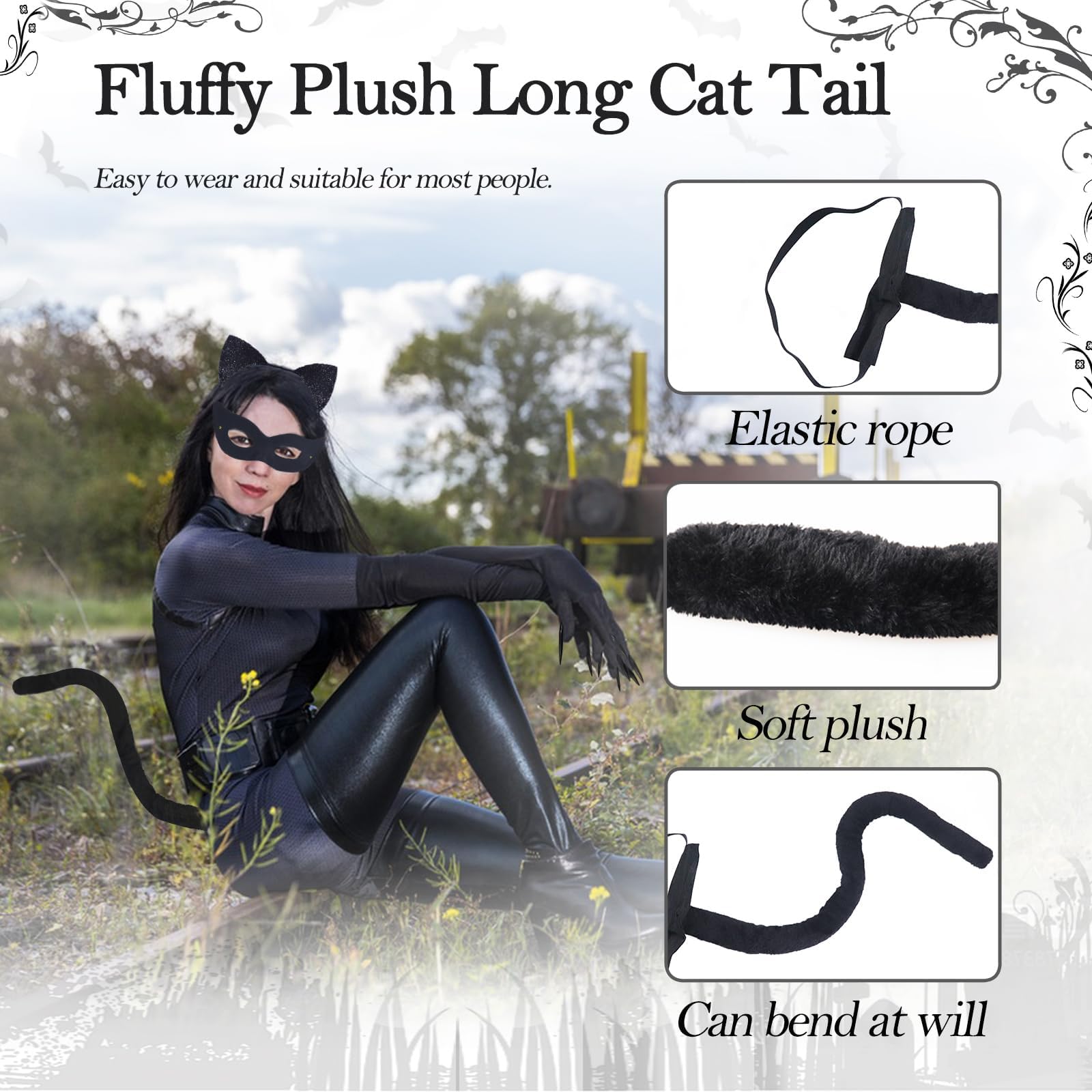 Doodlewitz 6pcs Black Cat Costume Set, Sequins Black Cat Ears Cat Tail Masquerade Eye Cover Tail Cat Claw Gloves Choker - Image 4