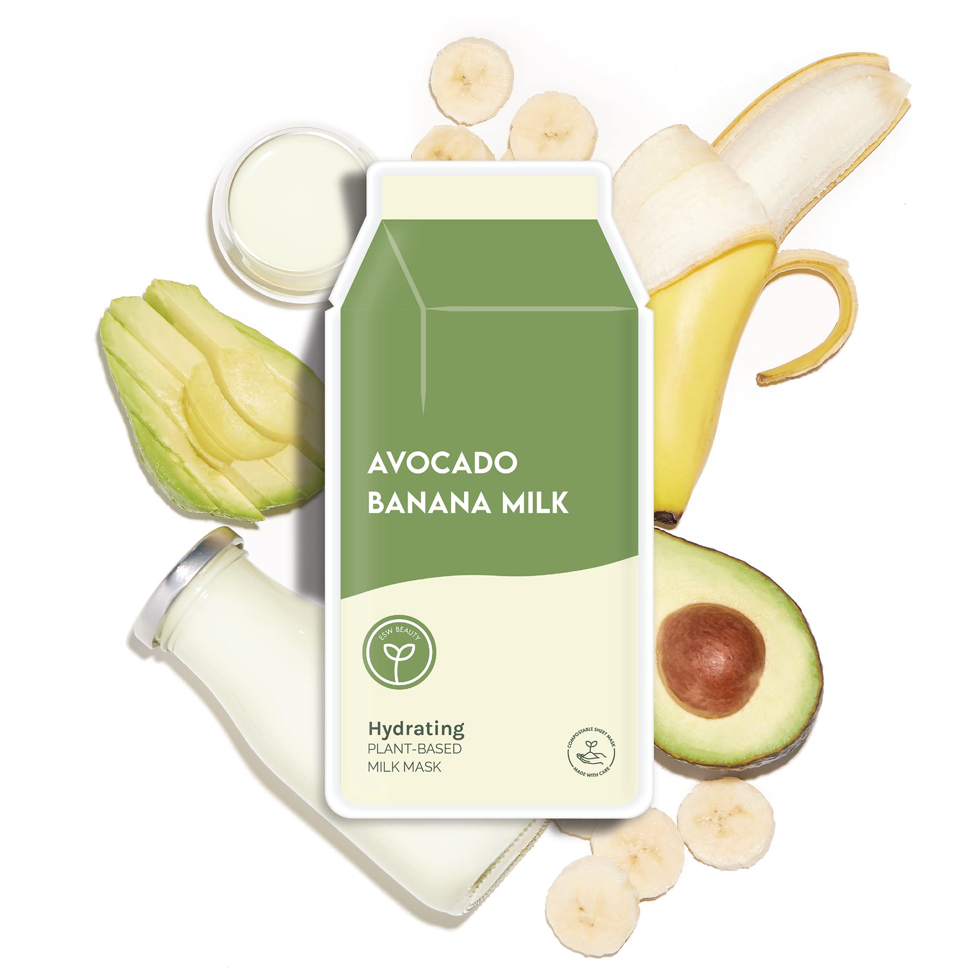 ESW Beauty Avocado Banana Milk - Hydrating Plant-Based Milk Face Mask - Moisturizing with Avocado & Banana for Dry, Sensitive & Combination Skin - Deep Hydration & Suppleness