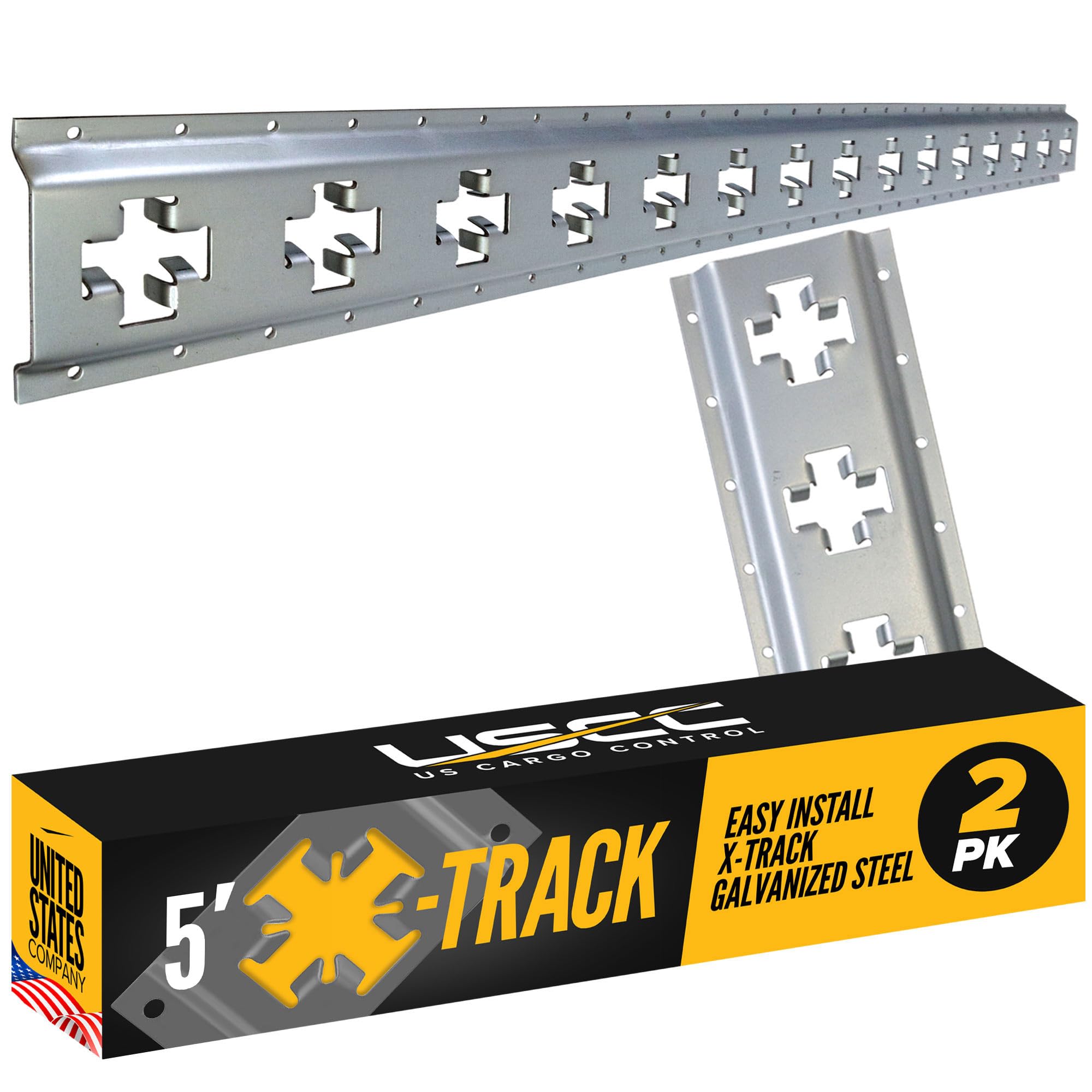 US Cargo Control X Track Rails (2-Pack), 5 FT Galvanized X-Track Rail for Trailers, Pickup Trucks, Garages, and Sheds - Use with E-Track Straps for Vertical and Horizontal Alignment