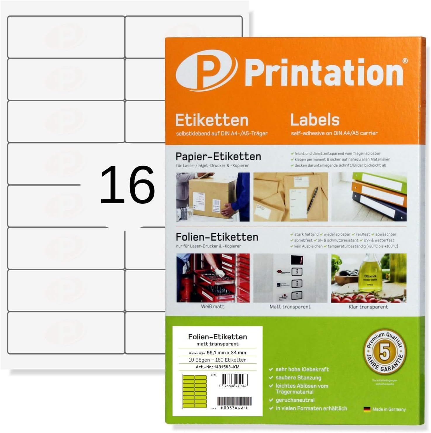 Labels 99.1 x 34 mm Weatherproof Transparent On A4 - 2 x 8 pcs/Page 160 Slides Labels 99.1 x 34
