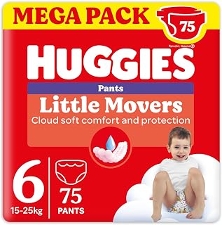 Huggies Little Movers, Lot de 75 couches pour bébé Taille 6 (15-25 Kg), Ultra absorbante, Pack Mega,