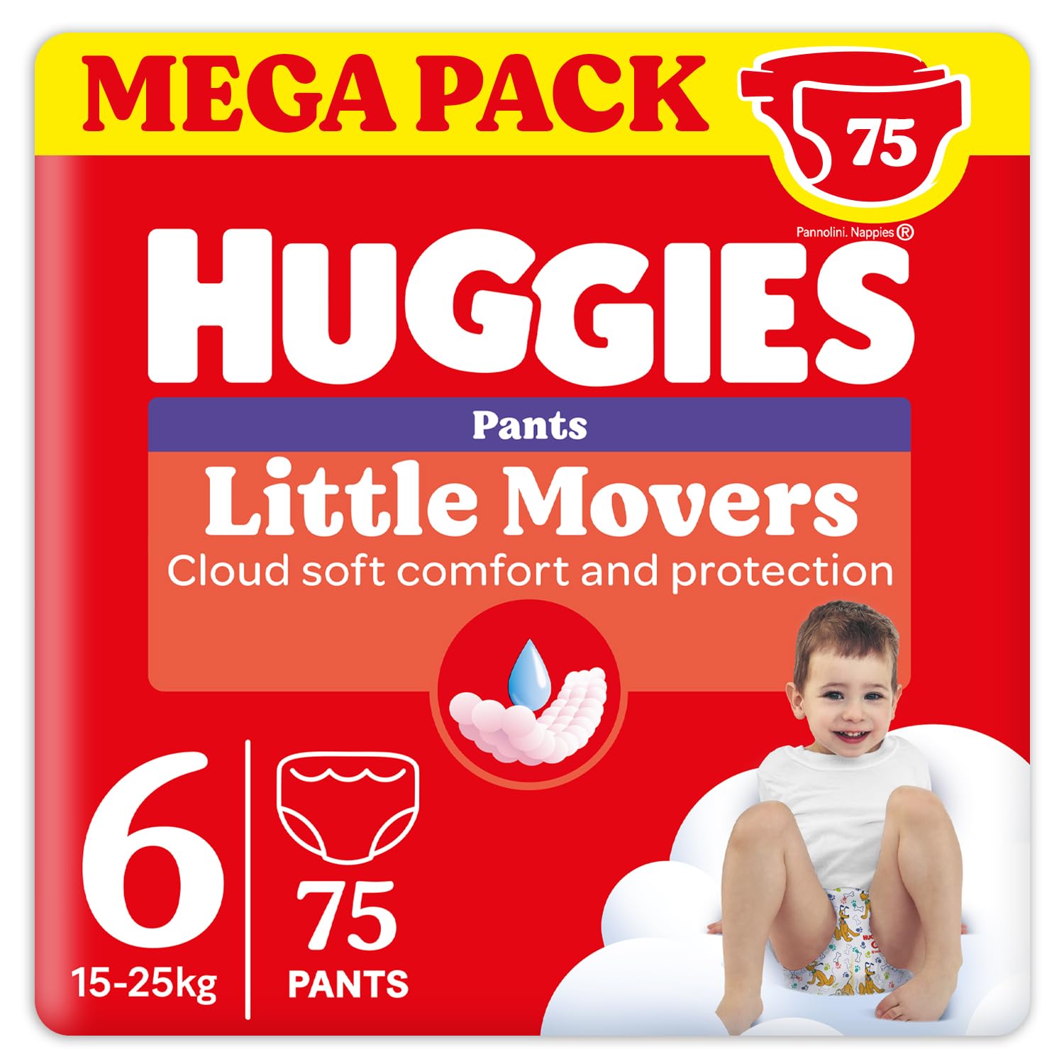 Huggies Little Movers, Lot de 75 couches pour bébé Taille 6 (15-​25 Kg), Ultra absorbante, Pack Mega,