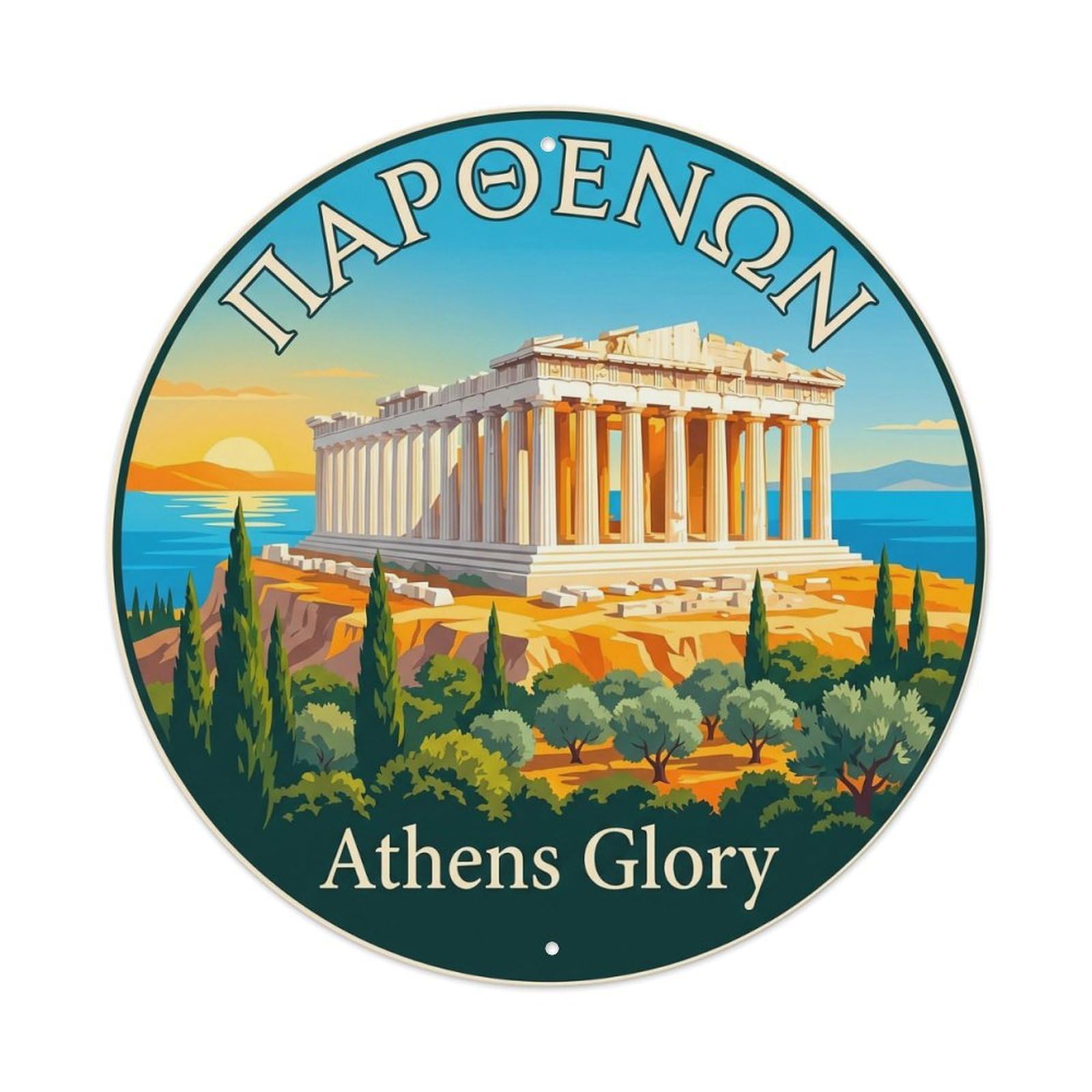 Vintage Travel Acropolis Athens Sunset 1 Metal Tin Sign Plaque Wall Decor for Cafe, Club, Garden Round Metal Poster 8x8Inch
