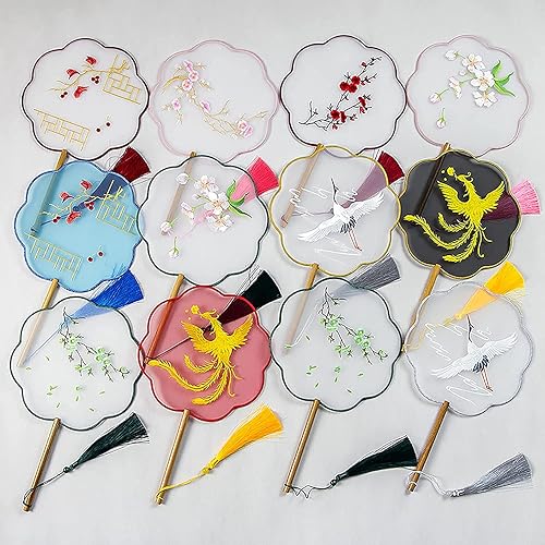 Miniatura 8 de Ventilador de mano bordado de seda translúcida, ventilador redondo chino, ventilador de mano antiguo, ventilador de baile tradicional de palacio,