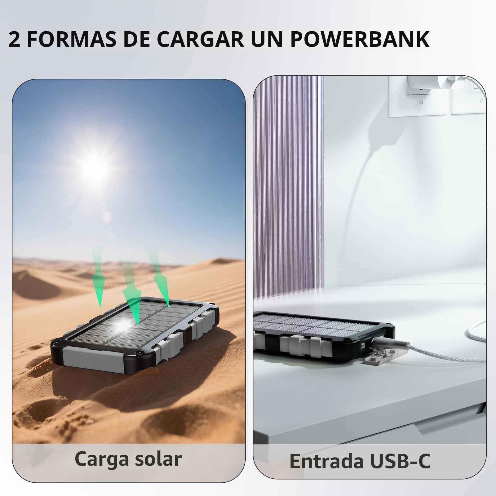 TOENNESEN Cargador Solar 26800 mAh Power Bank Solar, Bateria Externa con Carga Rápida 15 W Impermeable IPX4 2 Puertos USB + Linterna LED Compatible con Smartphones Tablets Camping y Emergencias, Gris