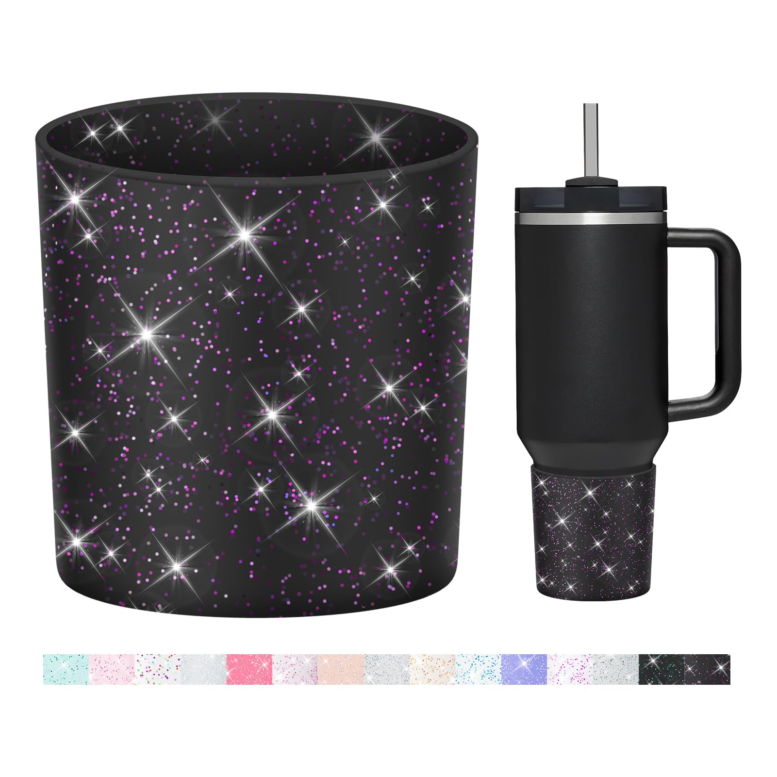 WUQID Glitter Higher Silicone Boot Compatible with Stanley Quencher H2.0 40oz 30oz 20oz & IceFlow Flip 30oz 20oz, Tumbler Cups Anti-Slip Bottom Sleeve