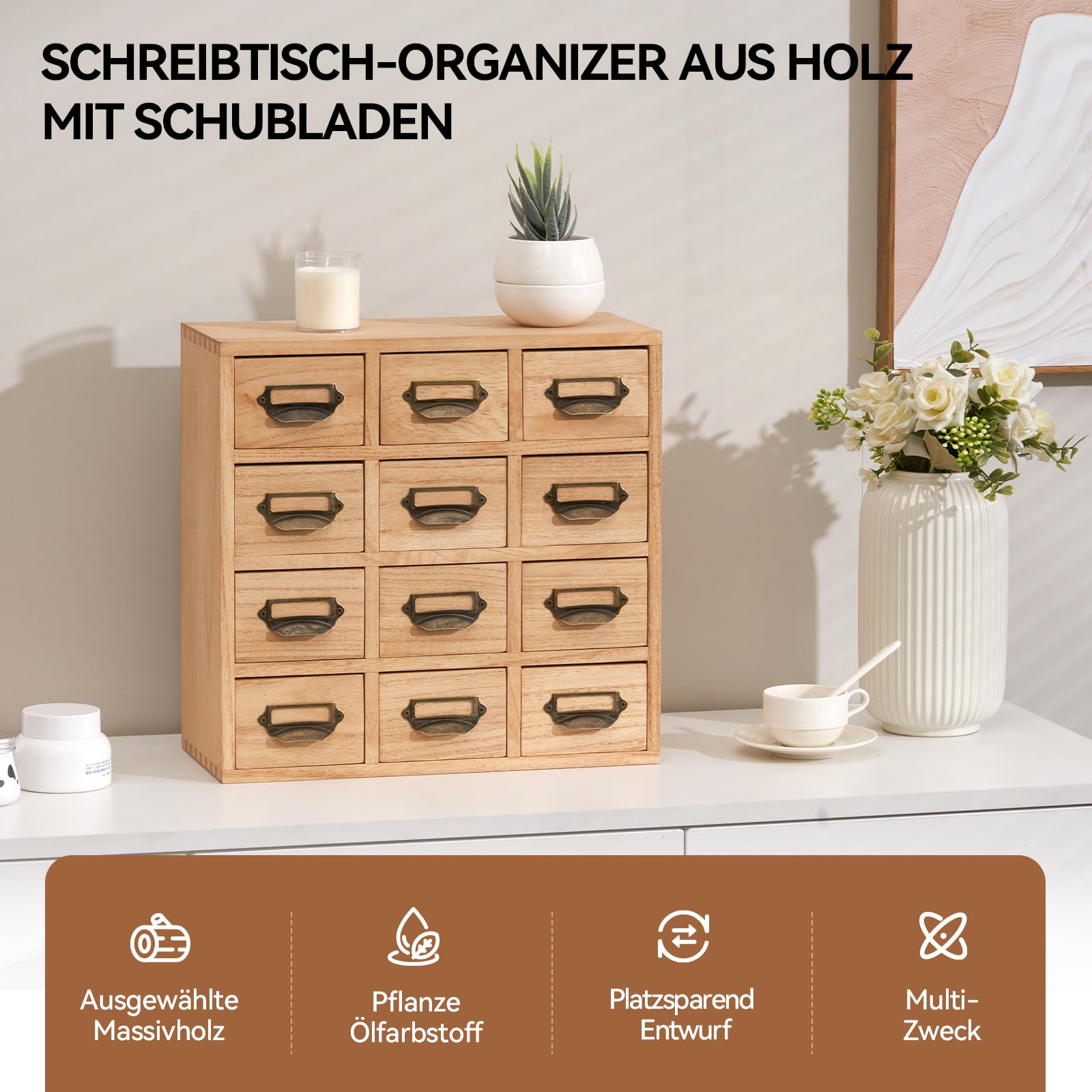 KIRIGEN Schubladenbox aus Paulownia-Holz, 12 Schubladen, Mini-Kommode mit Metallgriffen, Schreibtisch-Organizer für Kleinteile, Büro und Zuhause, 37,5 x 37 x 18,5 cm, Natur