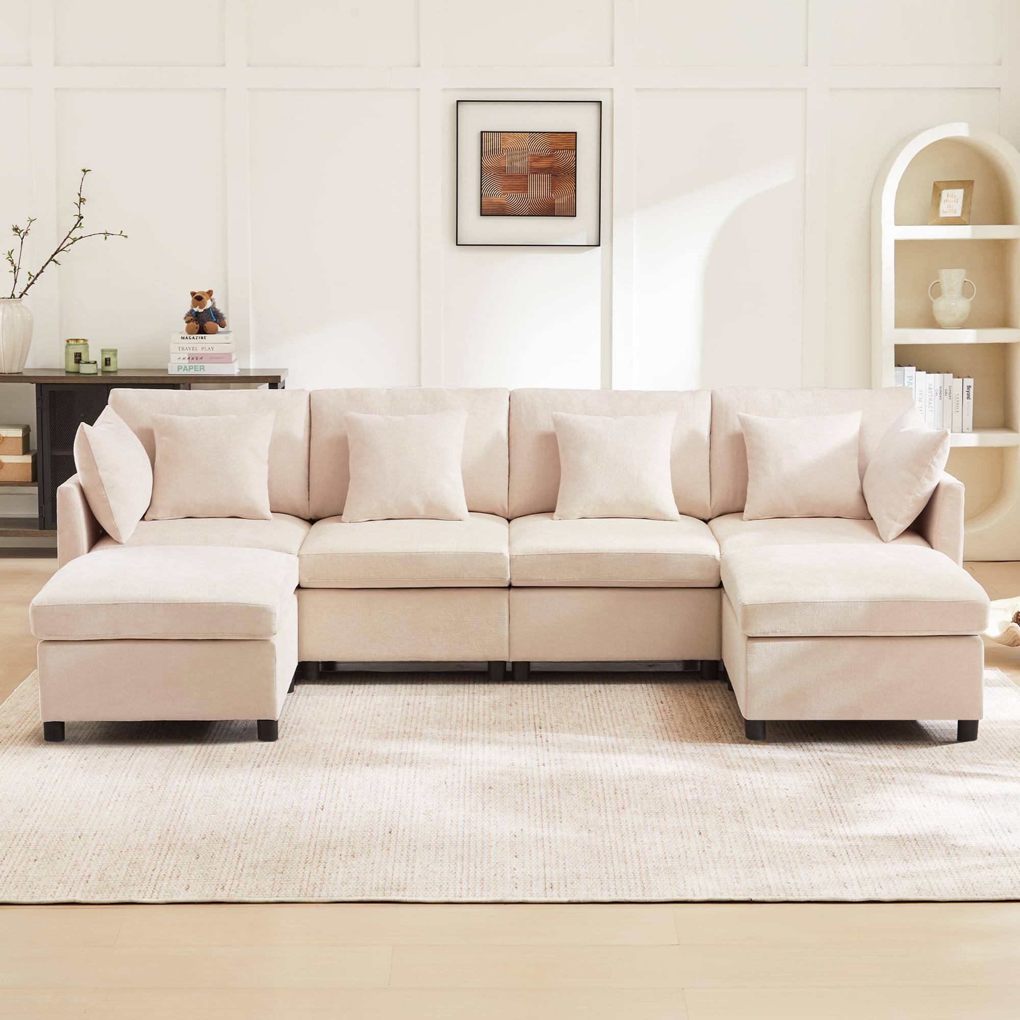 Mrwoo Sofá Cama en L Modular, 4 Plazas con Reposapiés, Extensible para Dormir, 6 Cojines, Sofa para Salón/Dormitorio/Apartamento, Chenilla, Color Beige