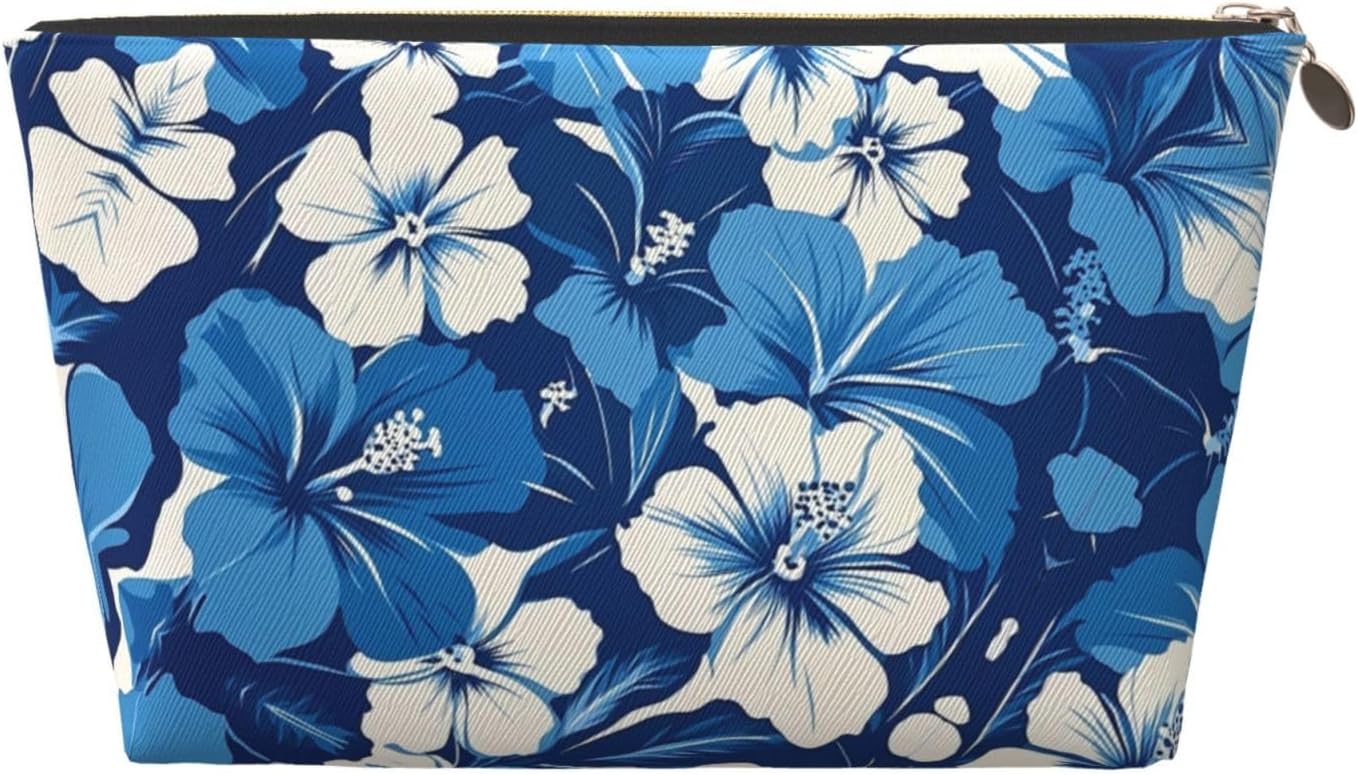 Mothers Day Gifts Makeup Bag Purse Cosmetic Bag Travel Toiletry Leather Make Up Bags for Mom Wife Women Daughter Blue Hibiscus