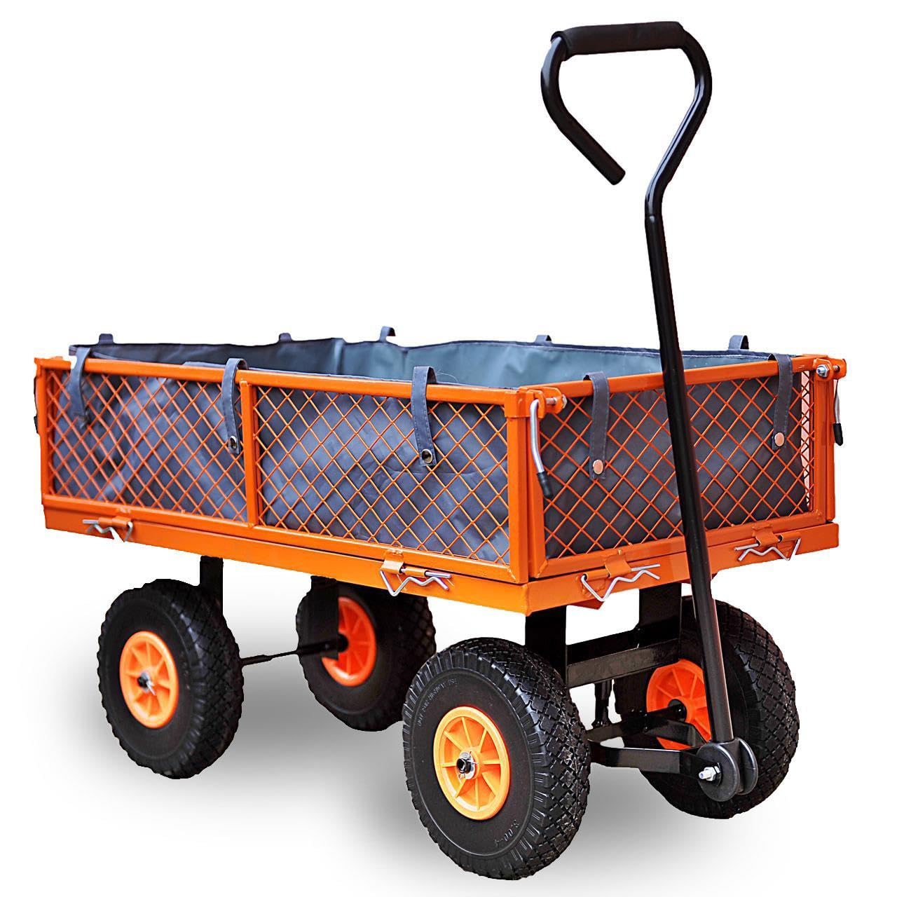 Carretilla de jardín FUXTEC FX-GW350 con Paredes Laterales abatibles para Cierre rápido, Carga máxima de 150 kg, neumáticos XXL, Lona Interior de poliéster práctica y manejable.