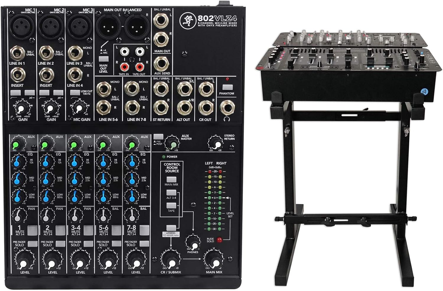 Mackie 802VLZ4 8-channel Compact Analog Low-Noise Mixer w/ 3 ONYX Preamps Bundle with Rockville RXS20 Portable Mixer Stand - Adjustable Height and Width!