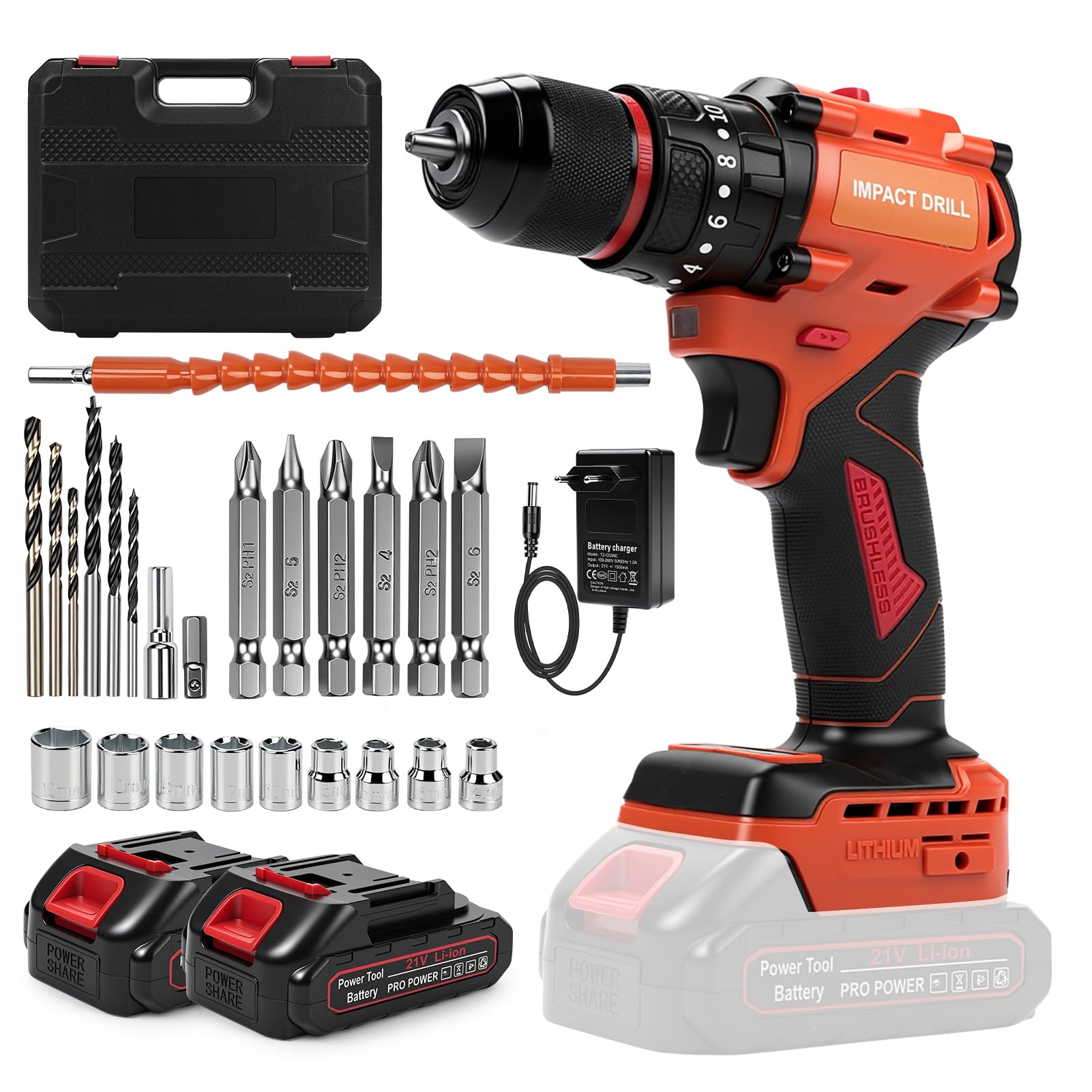 Trapano a Percussione a Batteria 21V, Avvitatore a Batteria 50Nm Brushless | 2 Batterie 1.5Ah, 20+1 Coppie, 2 Velocità, 24 Punte, Luce LED per Riparazioni, Fai da Te, Montaggio Mobili, 10mm Mandrino