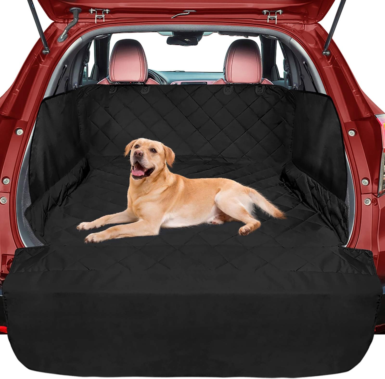 FunniPets SUV Cargo Liner for Dogs, Waterproof Cargo Cover for SUVs Sedans Vans, Pet Seat Cover with Side Flap and Bumper Flap, Non-Slip Backing, Universal Fit, Black