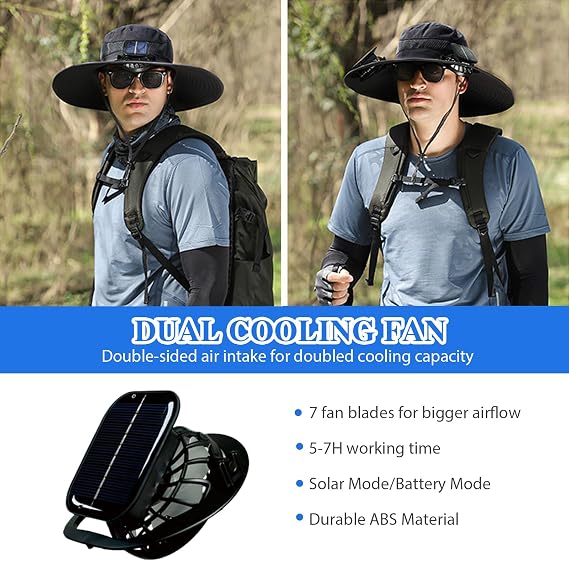 Solar Fan Hat,Hat with Fans Solar Power,Solar Fan Hats for Men,Wide Brim Fishing,Outdoor Hiking Cap with Built-in Solar Fans,Ideal for Camping and Sun Protection(Black)