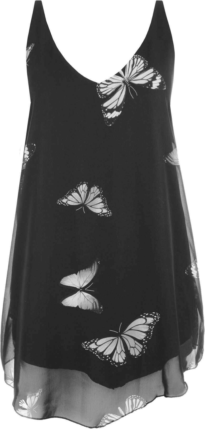 Gostyles Women's Black Gostyles® Chiffon Butterfly Printed Sleeveless Vest, V-Neck Summer Fashion Uneven Dip Hem Shirt Top (,14)
