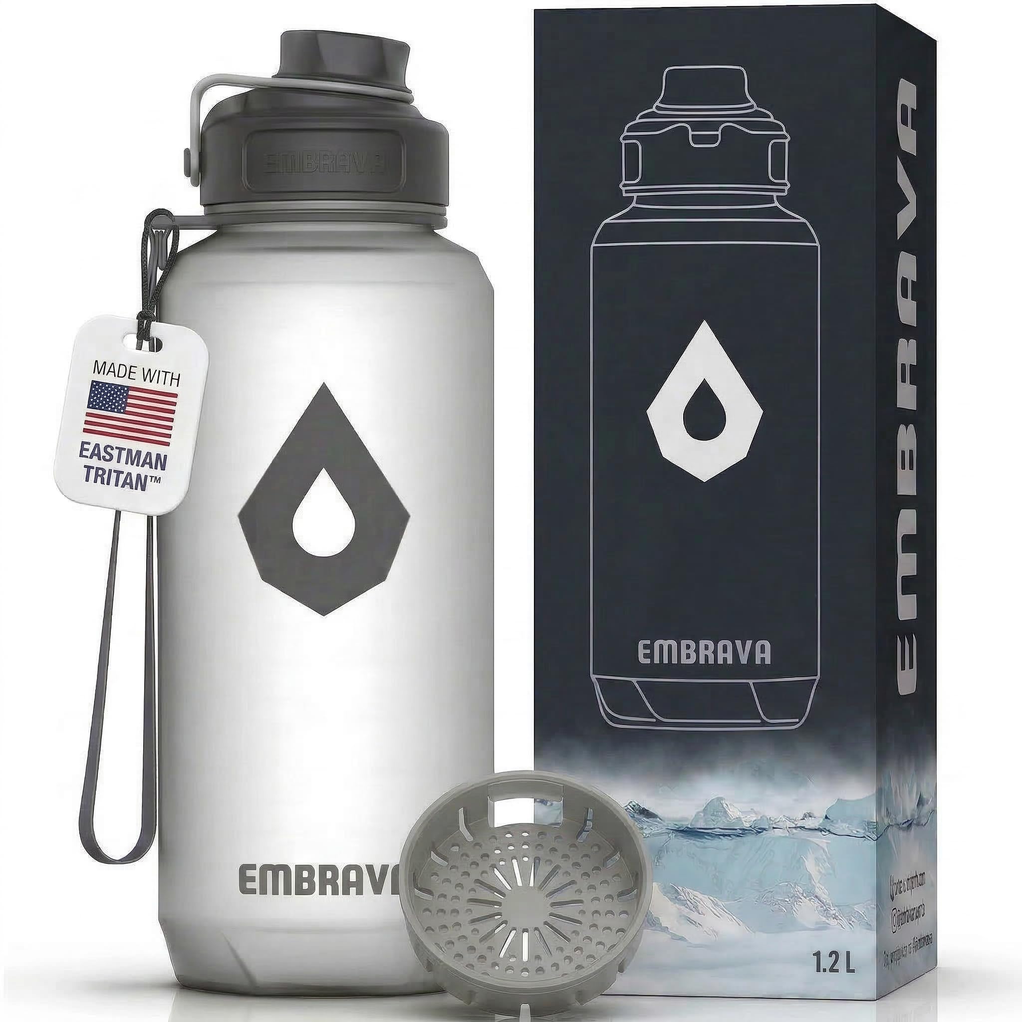 Embrava Wasserflasche groß mit ReiseTragering breiter auslaufsicherer Trinkauslauf robust BPA und BPSfrei TritanKunststoff Sport Camping Fitnessstudio Fitness Outdoor White Frosted 40oz