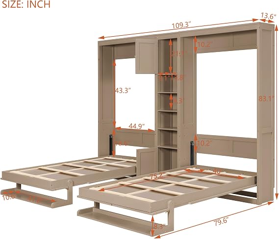 Dual Twin Murphy Beds Wall Beds with Cabinets & Shelves, Antique Gray