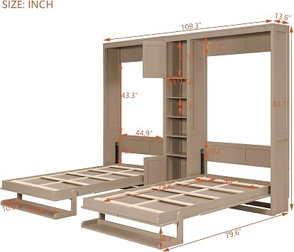 Dual Twin Murphy Beds Wall Beds with Cabinets & Shelves, Antique Gray