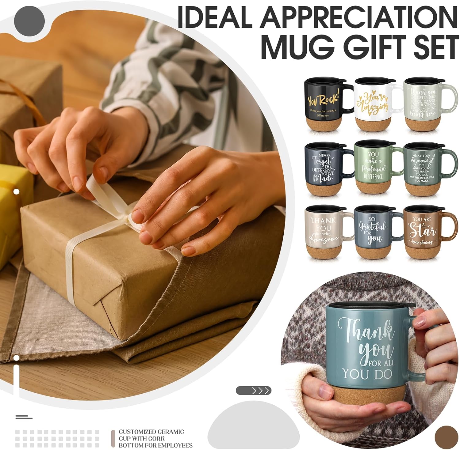 10 Pcs Employee Appreciation Gift Bulk Non-slip Cork Bottom Coffee Mug 13.5 oz Ceramic Tumbler Inspirational Mug Thank You Gifts for Social Worker Teacher Volunteer Nurse Staff(Thanks) - Image 5