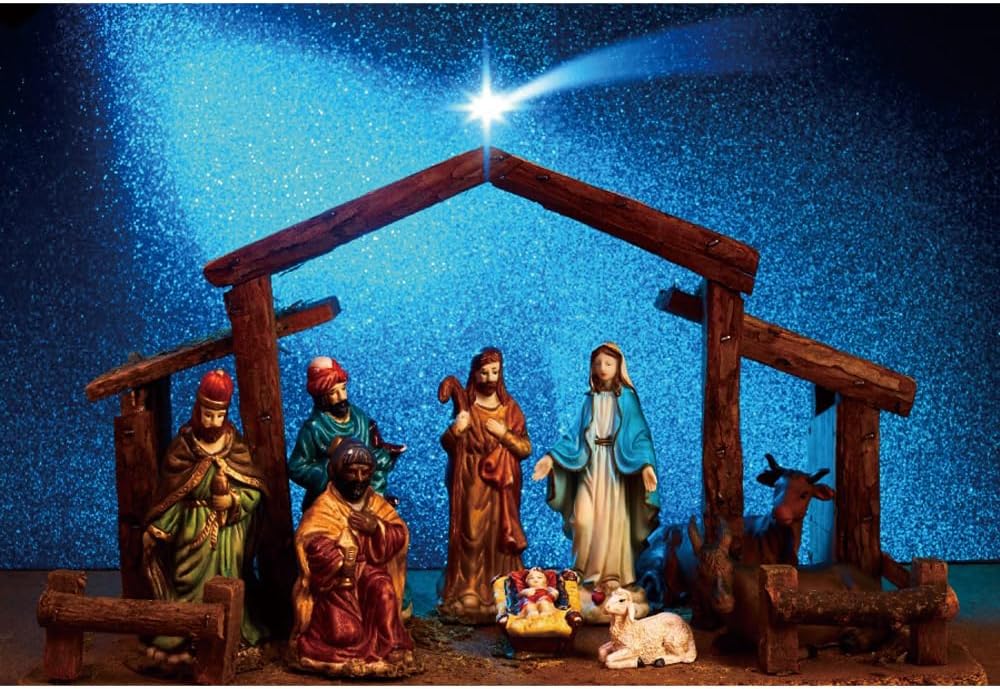 7x5ft Nativity Scene Backdrop Blue Light Shiny Stars Jesus