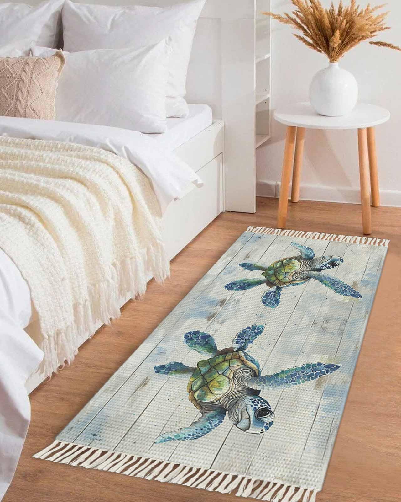 Teal Blue Turtle Coastal Hallway Runner Rug 2' x 6', Washable Entryway Rug with Tassels, Vintage Nautical Beach Sea Woven Cotton Laundry Room Rugs