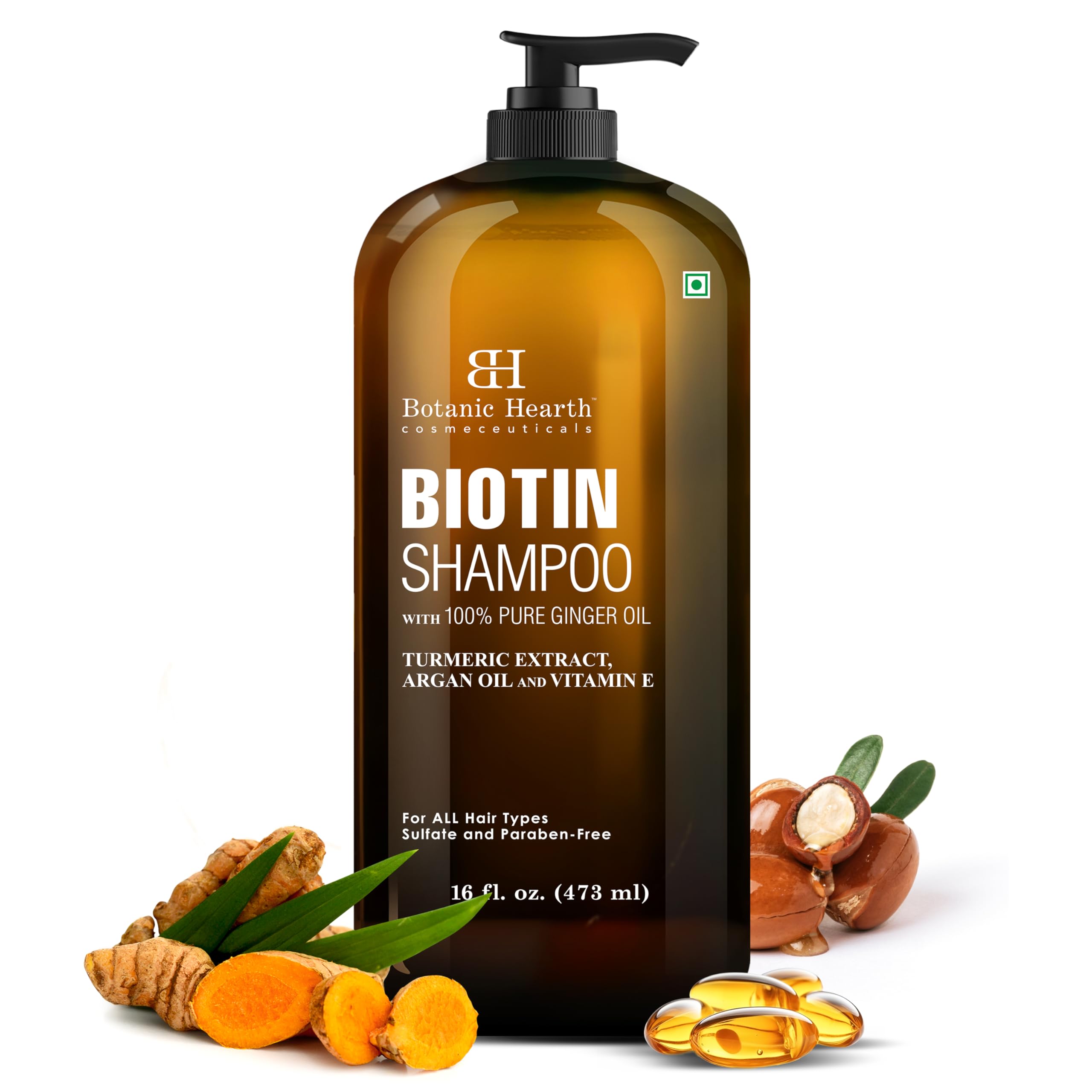 Biotin Shampoo With 100% Pure Ginger Oil | Sulfate & Paraben | Free | Enriched With Turmeric Extract, Argan Oil & Vitamin E | For All Hair Types | 16 Fl. Oz