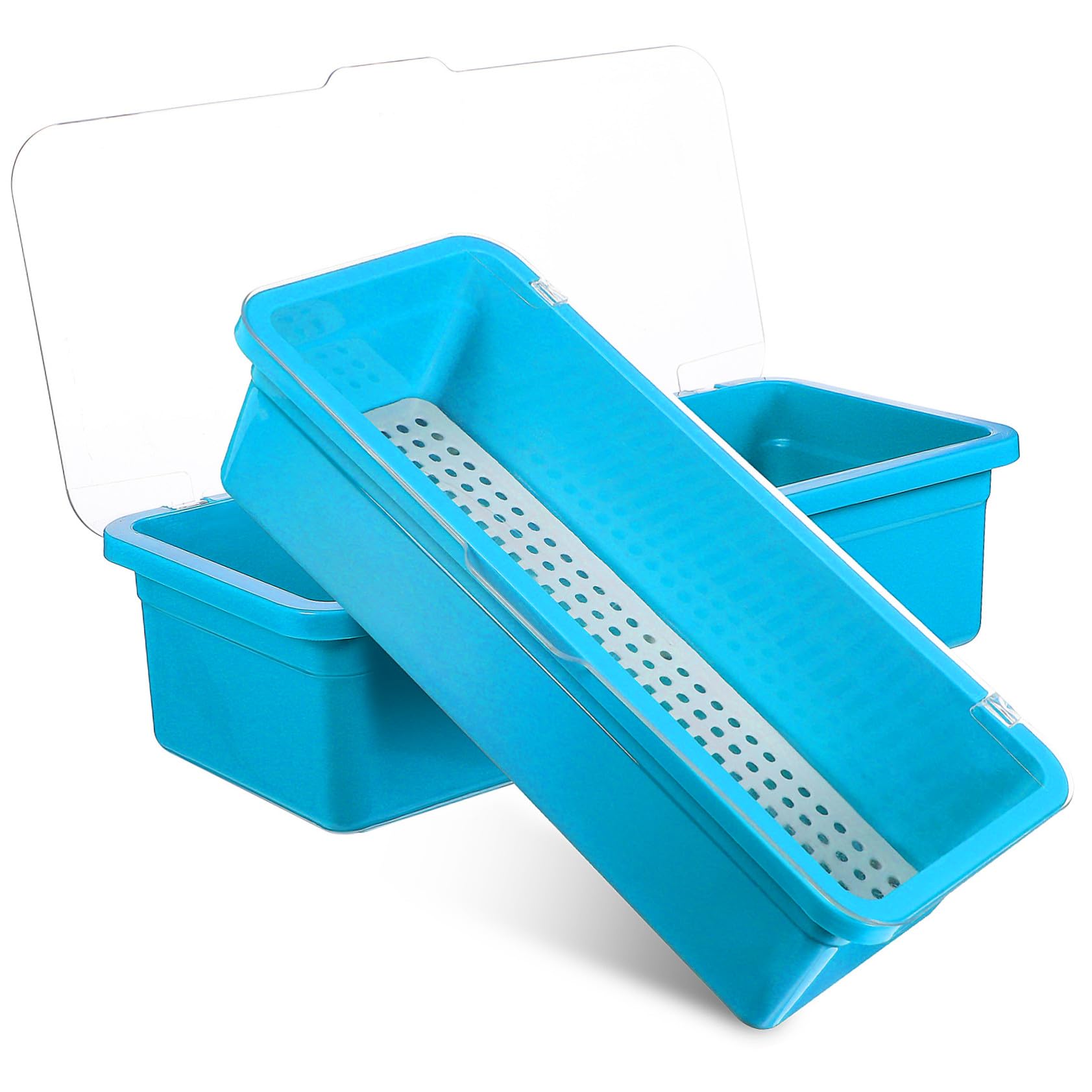 2 Piezas Organizador de Cubiertos con Tapa Bandeja Plástica para Utensilios Caja de Almacenamiento para Cocina de Azul con Drenaje para Secos los Cubiertos