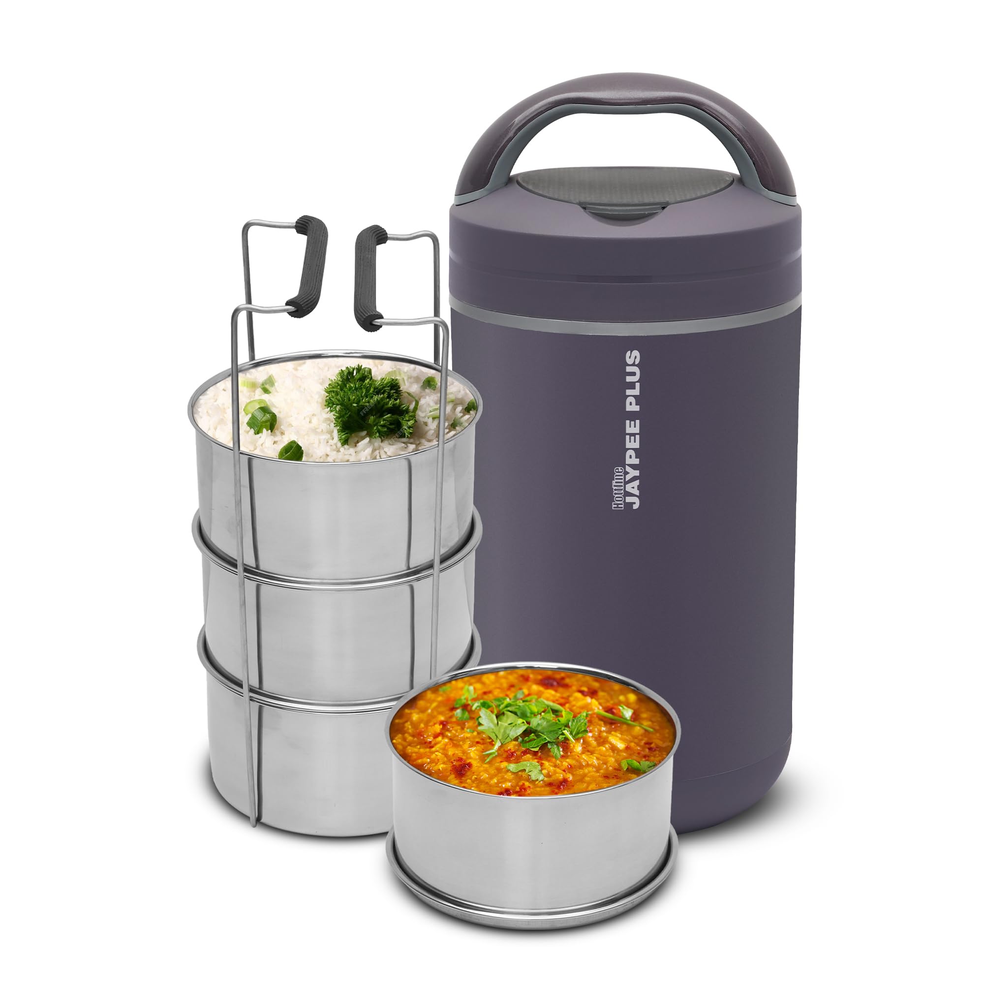 Jaypee Plus Hottline 4-320X4 ml Inner Stainless Steel Electric Lunch Box for Men & Women|Shockproof Design|BPA Free|Reheat Food in 30 Minutes|Convenience case for Power Cord|Redder Grey