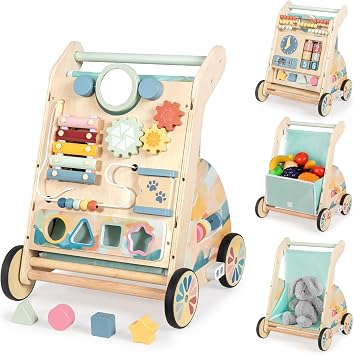 LOL-FUN Wooden Baby Walker with Double-Sided Busy Board, Adjustable Wheels
