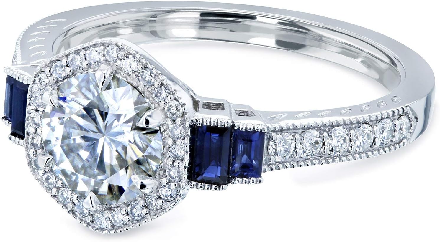 Kobelli Moissanite Sapphire and Diamond 6-prong Halo Art Deco Ring 1 1/2 CTW 14k White Gold (GH/VS, Blue, GH/I)