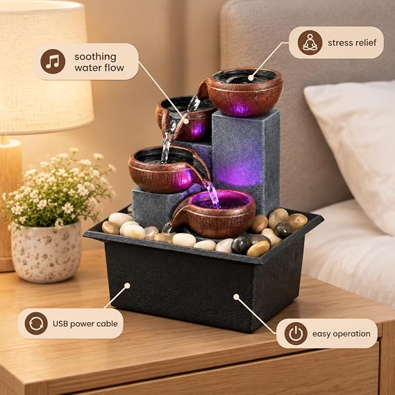 4 Tier Table Fountain - Small Relaxing Indoor Fountain - Meditation Fountain for Home, Office, Bedroom - Colorful LED Lighting and Natural Rocks