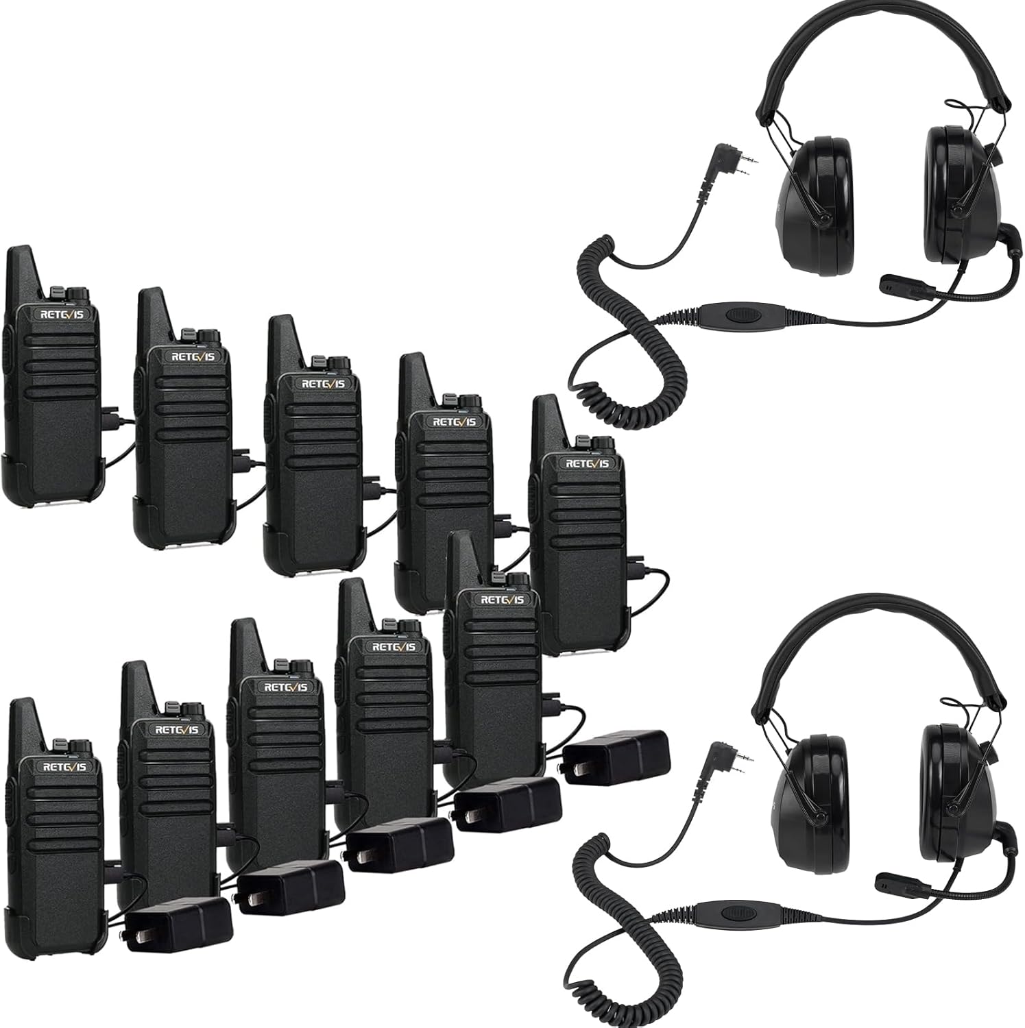 Retevis RT22 Walkie Talkies Rechargeable(Black,10 Pcs, 5 Box) Bundle with Foldable Two Way Radio Headset with Mic(2 Pack), Long Range Two Way Radio,Noise Reduction
