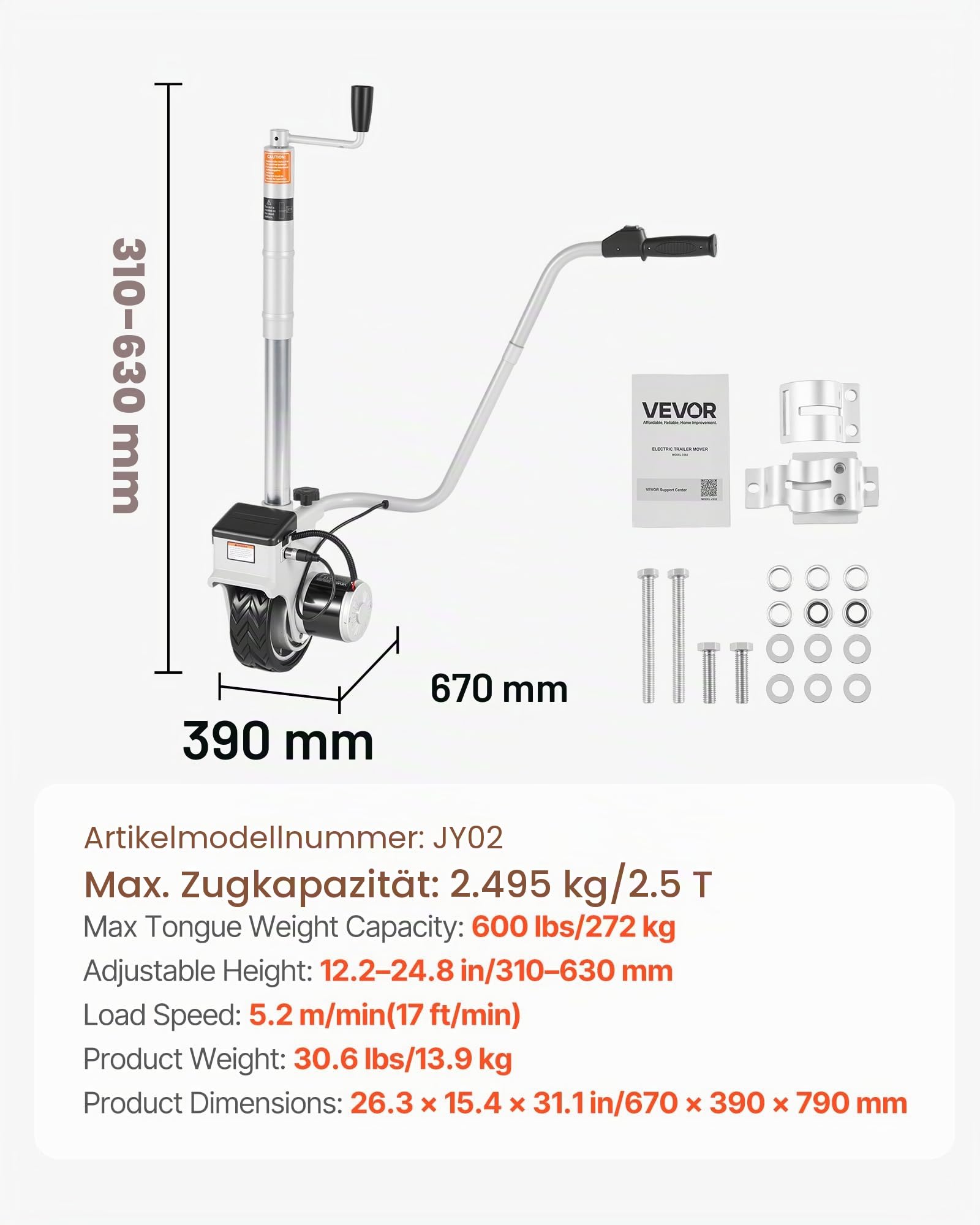 VEVOR Elektrische Rangierhilfe, 2,5 T Anhängelast, 380 W 12 V motorisiertes Stützrad mit 7 m/min Bewegungsgeschwindigkeit, einstellbare Klemmhöhe & Gummireifen, zum Bewegen von Wohnwagen & Booten