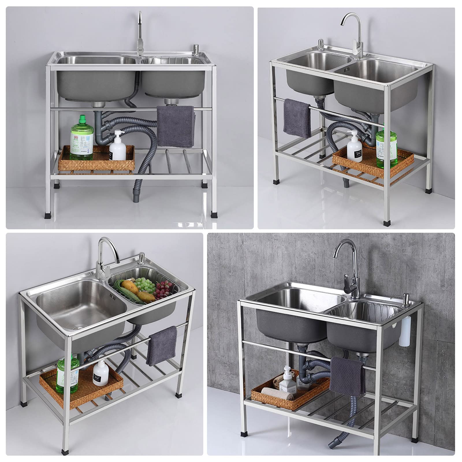 Lavello da esterno autoportante a doppia vasca, in acciaio inox, con rubinetto, portatile, per cucina, ristorante, ripiano portaoggetti per garage, lavanderia, 80 cm L x 45 cm P x 85 cm H